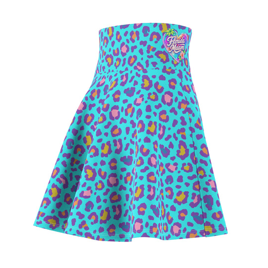 Tropical Heart Blue Leopard High Waisted Skater Skirt