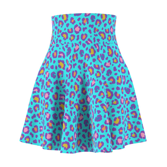 Tropical Heart Blue Leopard High Waisted Skater Skirt