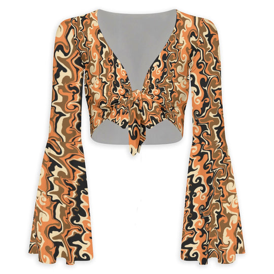 Pumpkin Spicey Flared Sleeve Tie-Front Crop Top
