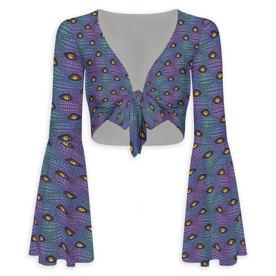 Everglades Have Eyes Flared Sleeve Tie-Front Crop Top