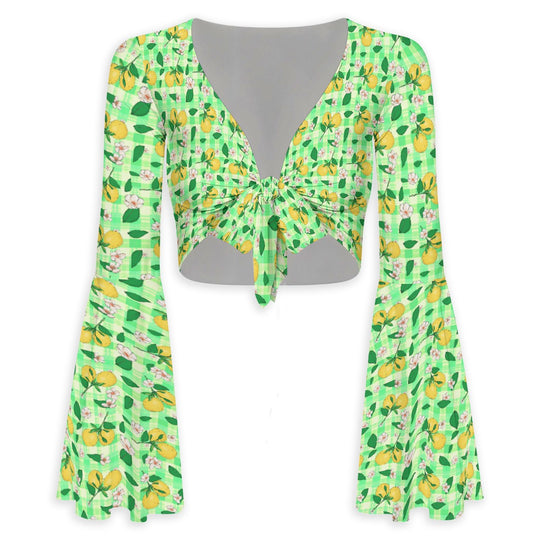 Country Grammar Flared Sleeve Tie-Front Crop Top