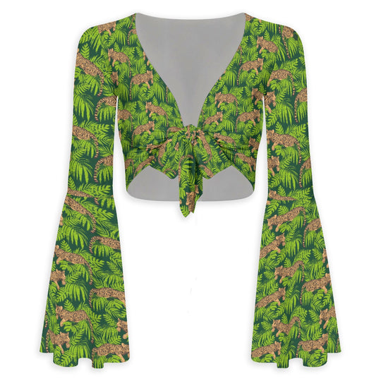 Mighty Jungle Flared Sleeve Tie-Front Crop Top