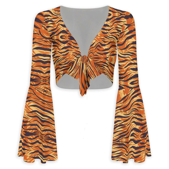 Wild Woman Flared Sleeve Tie-Front Crop Top