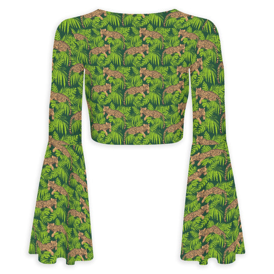 Mighty Jungle Flared Sleeve Tie-Front Crop Top