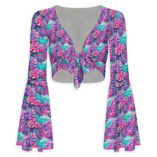 Monstera In My Closet! Flared Sleeve Tie-Front Crop Top