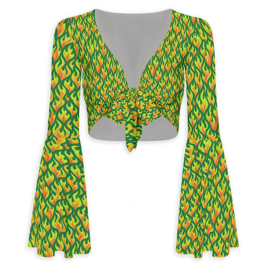 Hot Girl Flared Sleeve Tie-Front Crop Top