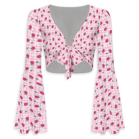 She's Berry Nice Flared Sleeve Tie-Front Crop Top