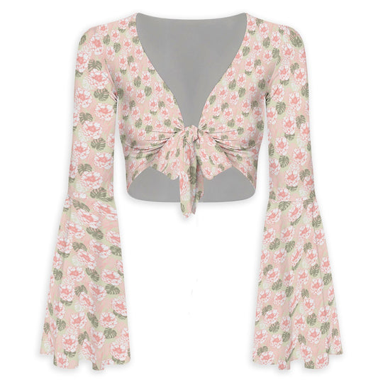 Pretty Little Baby Flared Sleeve Tie-Front Crop Top