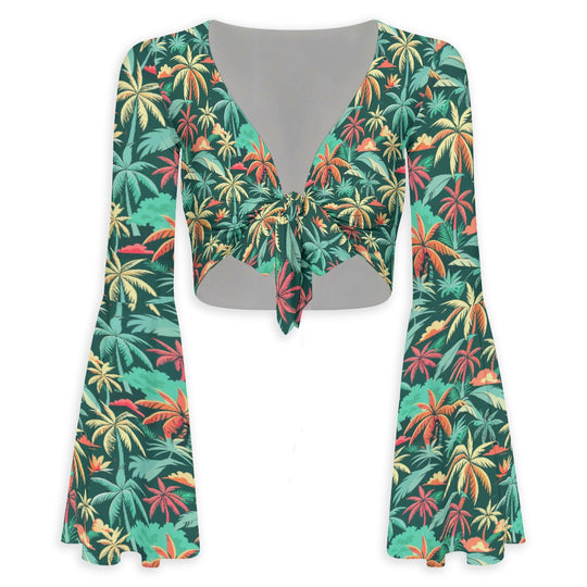 Florida Staycation Flared Sleeve Tie-Front Crop Top