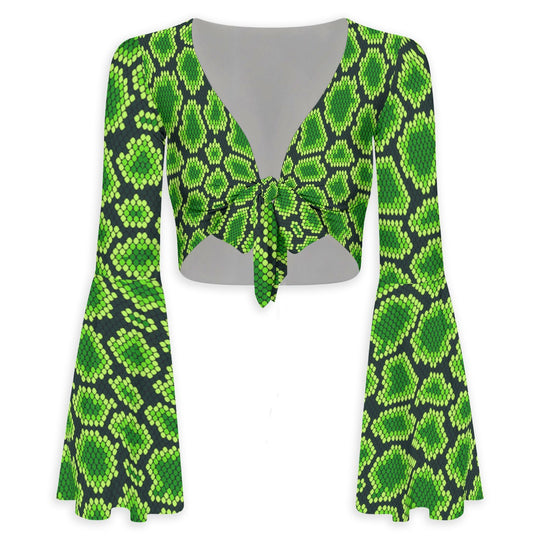 Reptilian Brain Flared Sleeve Tie-Front Crop Top