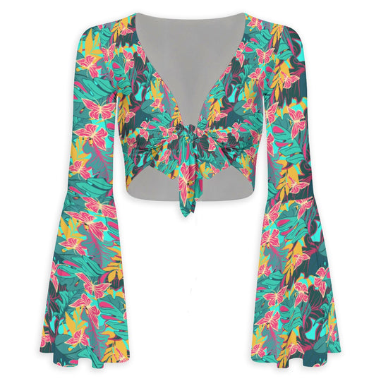 Give Me Butterflies Flared Sleeve Tie-Front Crop Top