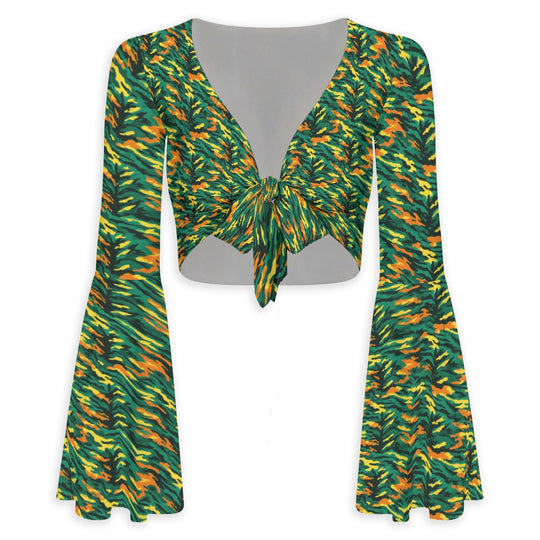 Left, Right, Left Camo Sleeve Tie-Front Crop Top