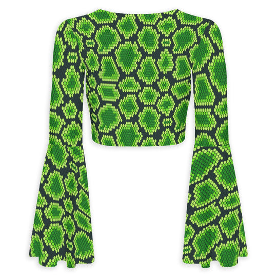 Reptilian Brain Flared Sleeve Tie-Front Crop Top